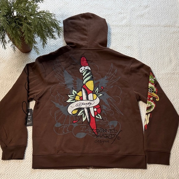 NWT Ed Hardy Brown Hoodie with Graphic Motifs Size L - Picture 9 of 10
